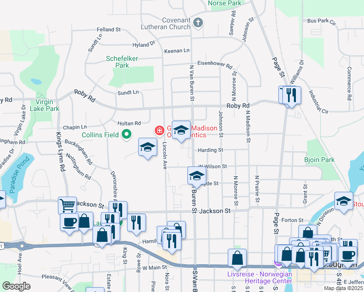 map of restaurants, bars, coffee shops, grocery stores, and more near 900 West Wilson Street in Stoughton