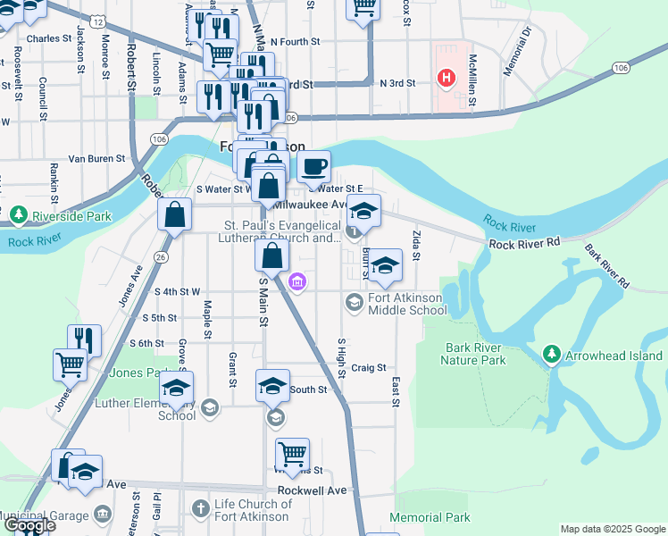 map of restaurants, bars, coffee shops, grocery stores, and more near 329 South High Street in Fort Atkinson