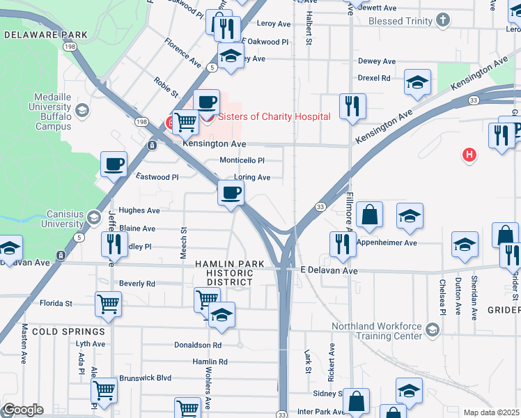map of restaurants, bars, coffee shops, grocery stores, and more near 402 Humboldt Parkway in Buffalo