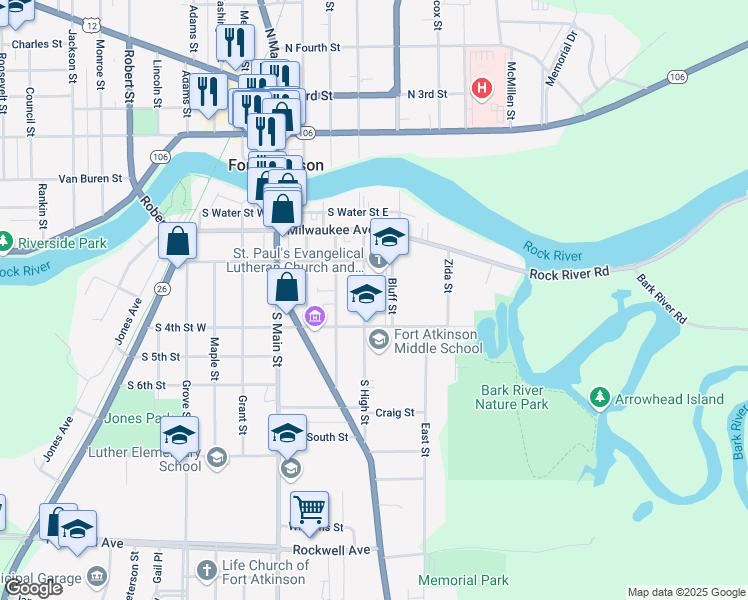 map of restaurants, bars, coffee shops, grocery stores, and more near 329 South High Street in Fort Atkinson