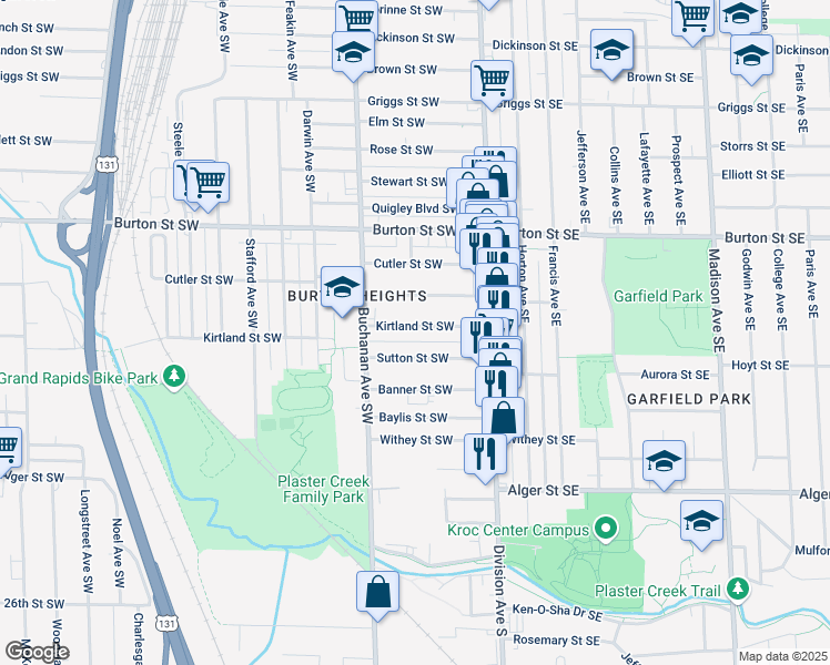 map of restaurants, bars, coffee shops, grocery stores, and more near 78 Kirtland Street Southwest in Grand Rapids