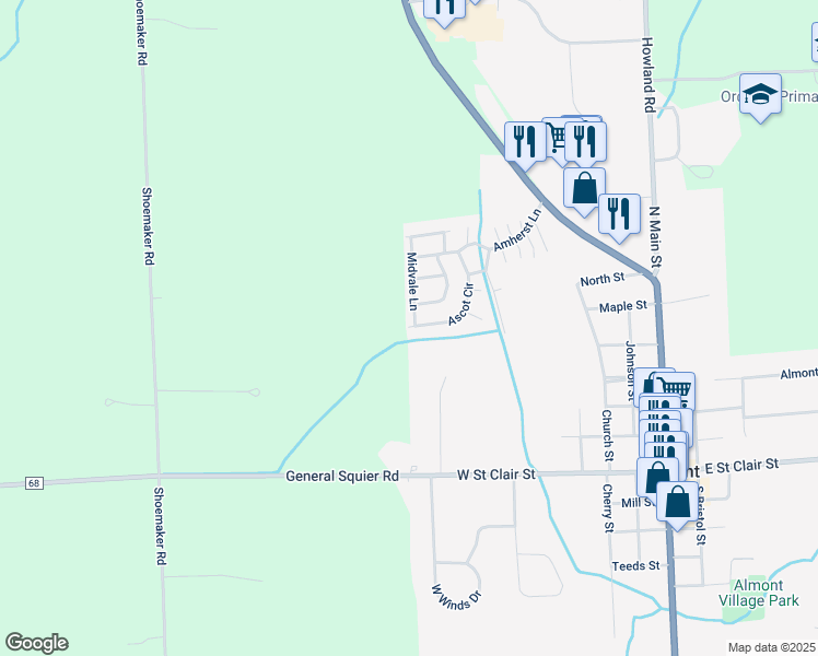 map of restaurants, bars, coffee shops, grocery stores, and more near 733 Ascot Circle in Almont