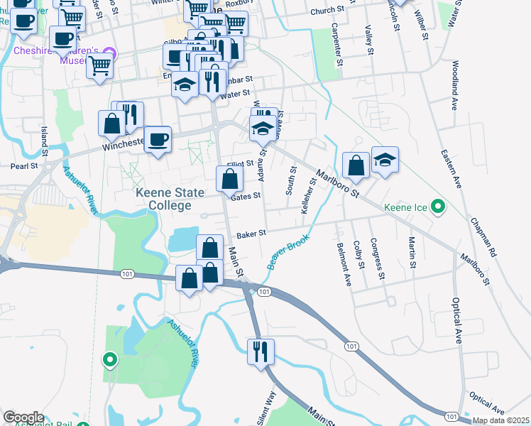 map of restaurants, bars, coffee shops, grocery stores, and more near 48 Baker Street in Keene