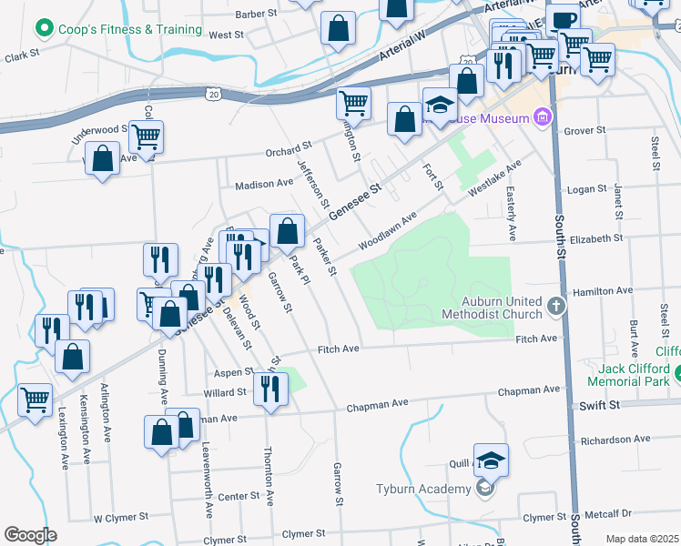 map of restaurants, bars, coffee shops, grocery stores, and more near 31 Parker Street in Auburn