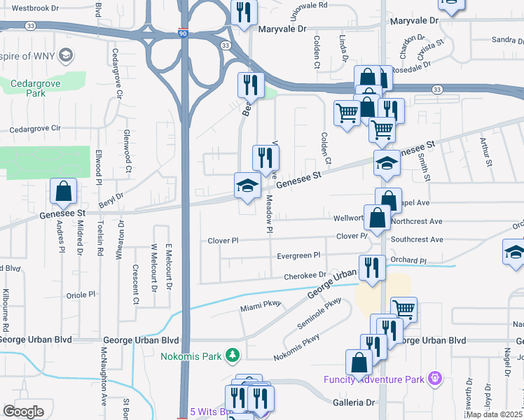 map of restaurants, bars, coffee shops, grocery stores, and more near 86 Meadow Place in Buffalo