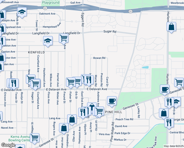 map of restaurants, bars, coffee shops, grocery stores, and more near 40 Ivanhoe Road in Buffalo