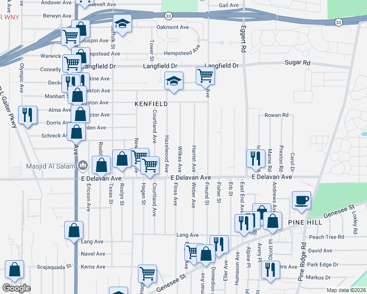 map of restaurants, bars, coffee shops, grocery stores, and more near 42 Harriet Avenue in Buffalo