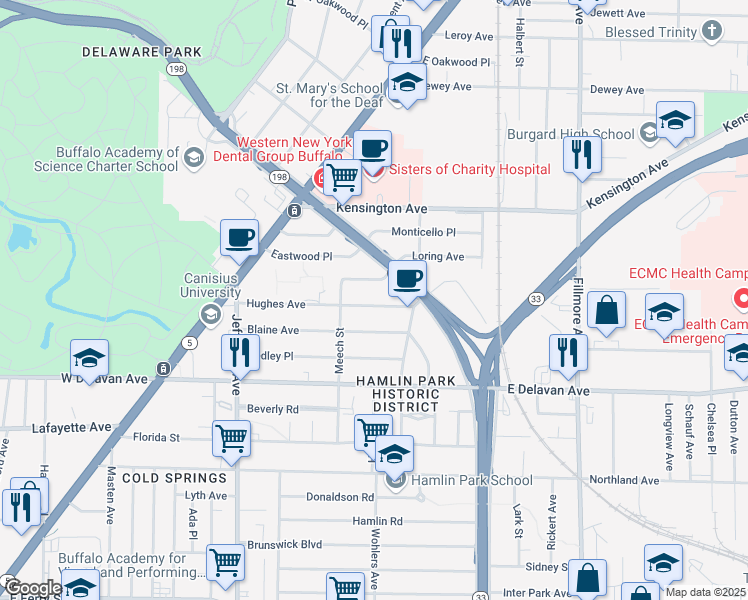 map of restaurants, bars, coffee shops, grocery stores, and more near 170 Blaine Avenue in Buffalo