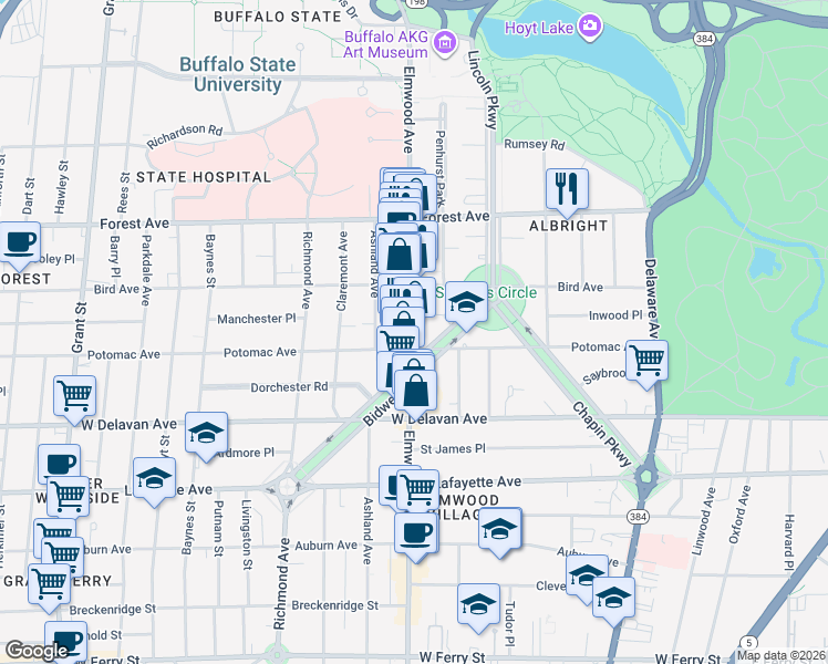 map of restaurants, bars, coffee shops, grocery stores, and more near 583 Potomac Avenue in Buffalo