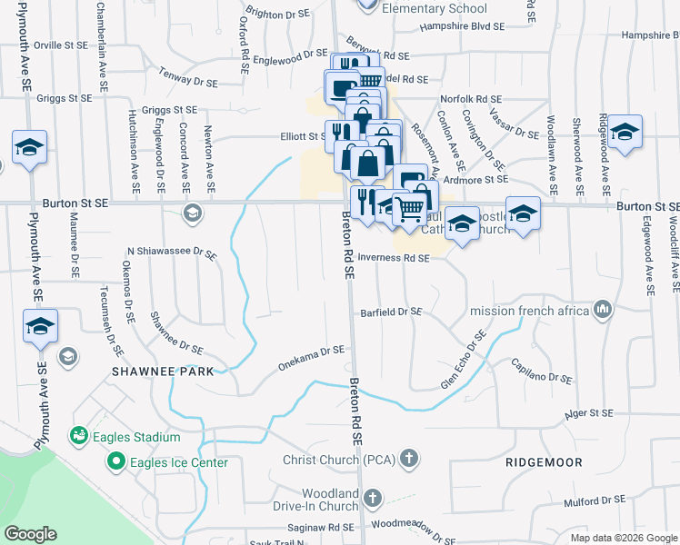 map of restaurants, bars, coffee shops, grocery stores, and more near 2143 Breton Road Southeast in Grand Rapids