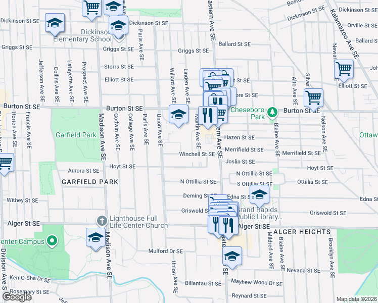 map of restaurants, bars, coffee shops, grocery stores, and more near in Grand Rapids