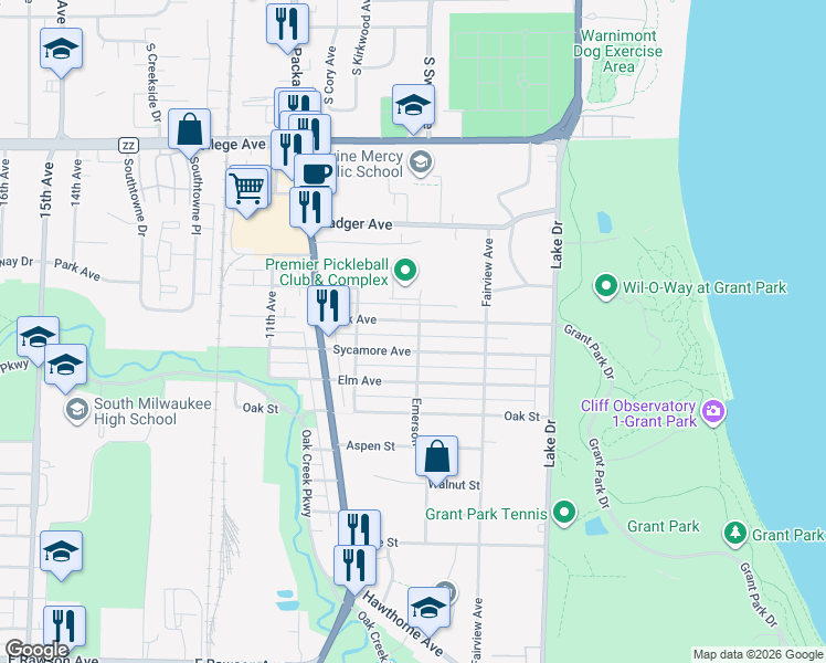 map of restaurants, bars, coffee shops, grocery stores, and more near 701 Sycamore Avenue in South Milwaukee