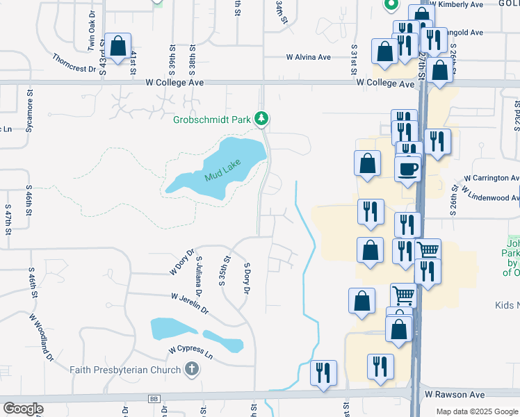 map of restaurants, bars, coffee shops, grocery stores, and more near West Franklin Drive in Franklin