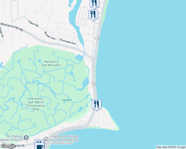 map of restaurants, bars, coffee shops, grocery stores, and more near 587 Ocean Boulevard in Hampton