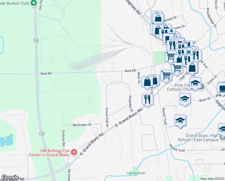 map of restaurants, bars, coffee shops, grocery stores, and more near 620 Bedford Place in Grand Blanc