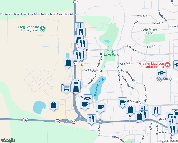 map of restaurants, bars, coffee shops, grocery stores, and more near 2329 Wood View Drive in Stoughton