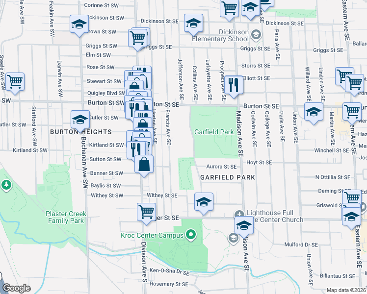 map of restaurants, bars, coffee shops, grocery stores, and more near 2101 Jefferson Drive Southeast in Grand Rapids