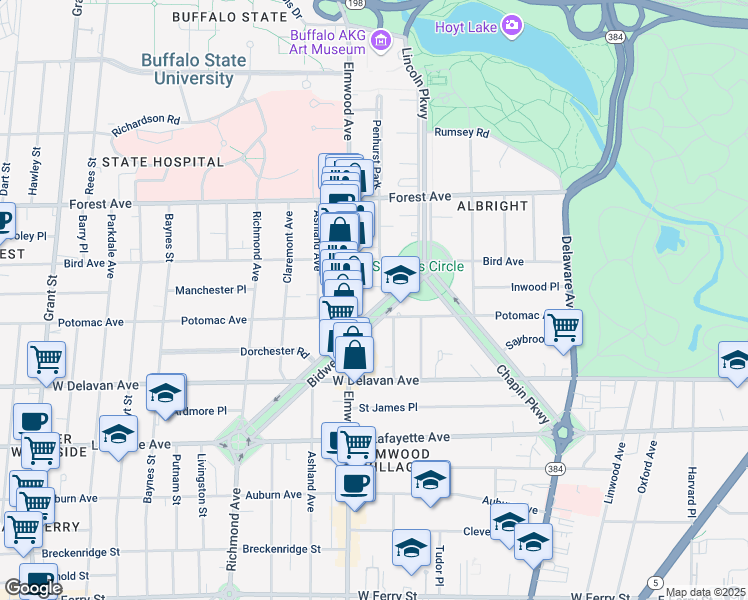 map of restaurants, bars, coffee shops, grocery stores, and more near 200 Bidwell Parkway in Buffalo