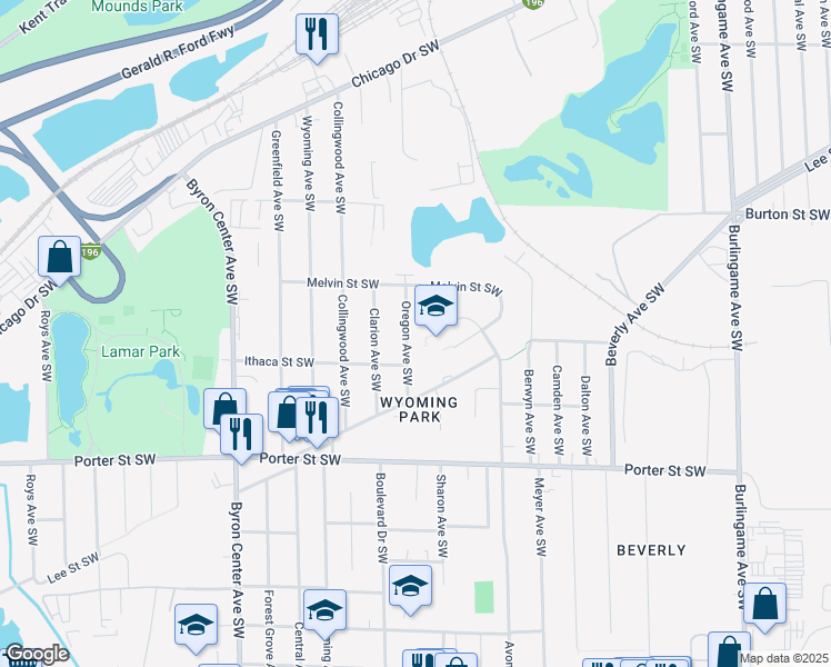 map of restaurants, bars, coffee shops, grocery stores, and more near 2052 Melvin Street Southwest in Wyoming