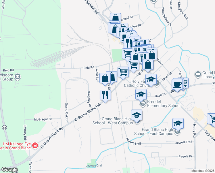 map of restaurants, bars, coffee shops, grocery stores, and more near 418 Hattie Street in Grand Blanc