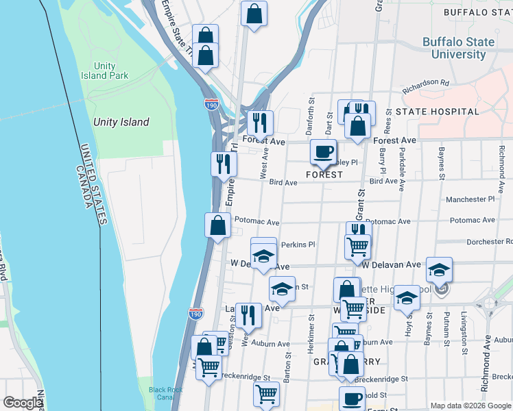 map of restaurants, bars, coffee shops, grocery stores, and more near 1254 West Avenue in Buffalo