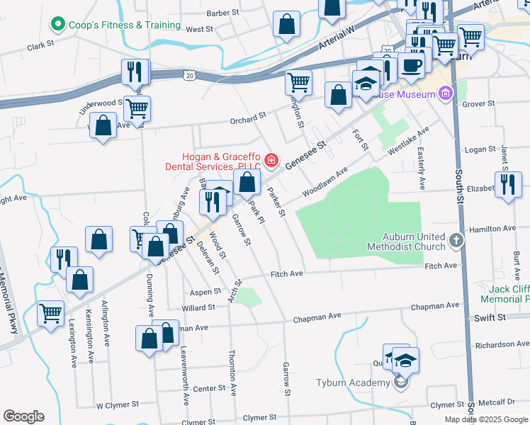 map of restaurants, bars, coffee shops, grocery stores, and more near 230 Genesee Street in Auburn
