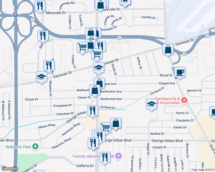 map of restaurants, bars, coffee shops, grocery stores, and more near 24 Chapel Avenue in Buffalo