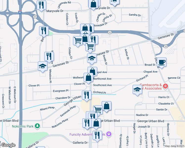 map of restaurants, bars, coffee shops, grocery stores, and more near 4094 Union Road in Cheektowaga