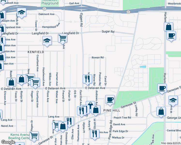 map of restaurants, bars, coffee shops, grocery stores, and more near 98 Ivanhoe Road in Buffalo