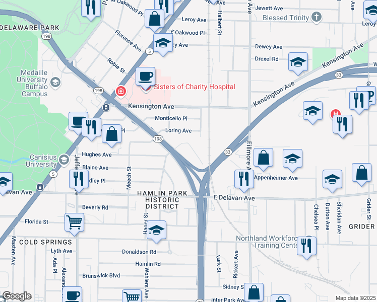 map of restaurants, bars, coffee shops, grocery stores, and more near 152 Oakgrove Avenue in Buffalo