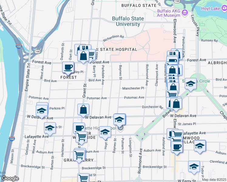 map of restaurants, bars, coffee shops, grocery stores, and more near 366 Baynes Street in Buffalo