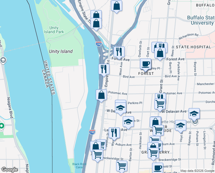 map of restaurants, bars, coffee shops, grocery stores, and more near in Buffalo
