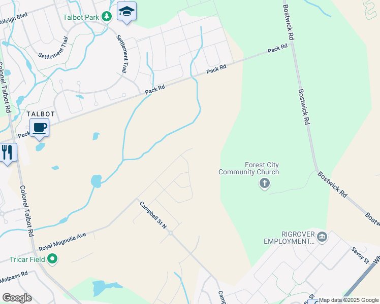 map of restaurants, bars, coffee shops, grocery stores, and more near 6309 Pack Road in London