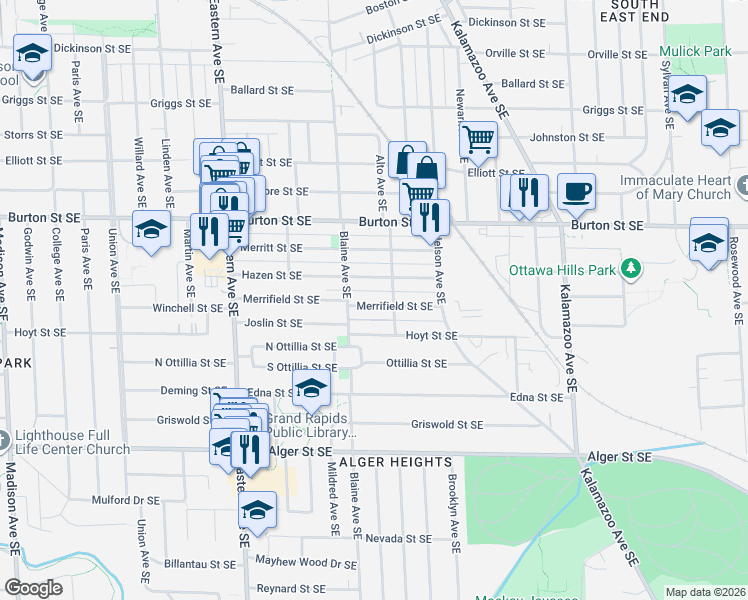 map of restaurants, bars, coffee shops, grocery stores, and more near 1012 Hazen Street Southeast in Grand Rapids