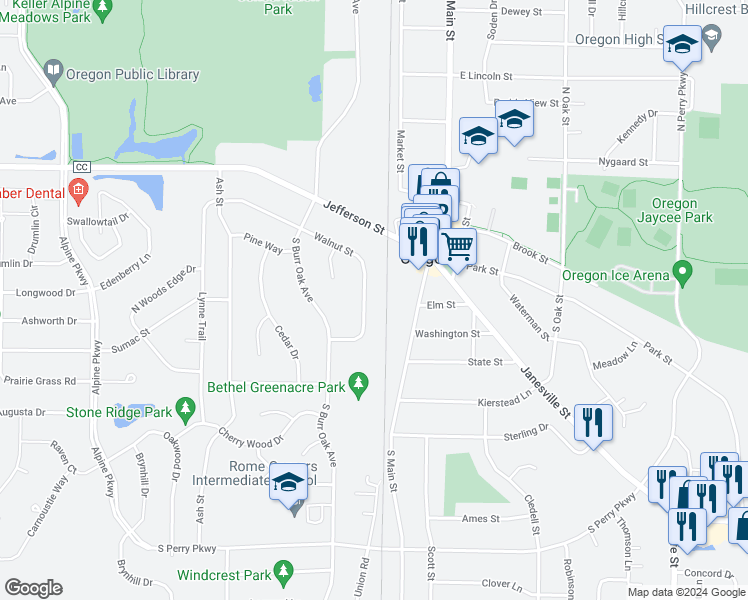 map of restaurants, bars, coffee shops, grocery stores, and more near 221 Walnut Street in Oregon