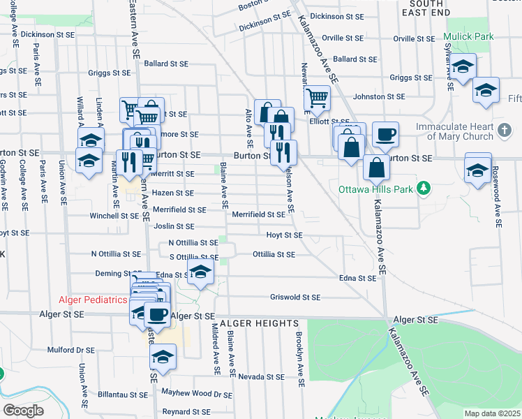 map of restaurants, bars, coffee shops, grocery stores, and more near 1101 Merrifield Street Southeast in Grand Rapids