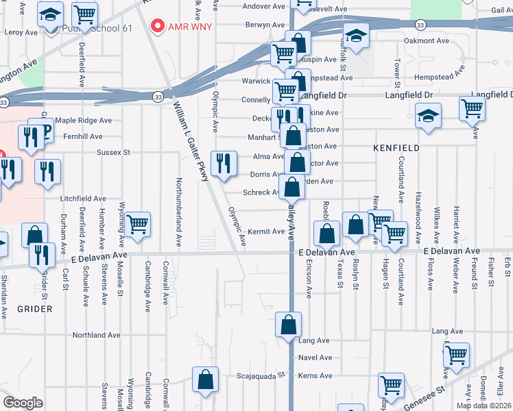 map of restaurants, bars, coffee shops, grocery stores, and more near 38 Langmeyer Avenue in Buffalo