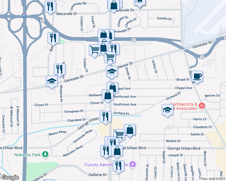map of restaurants, bars, coffee shops, grocery stores, and more near 4071 Union Road in Buffalo