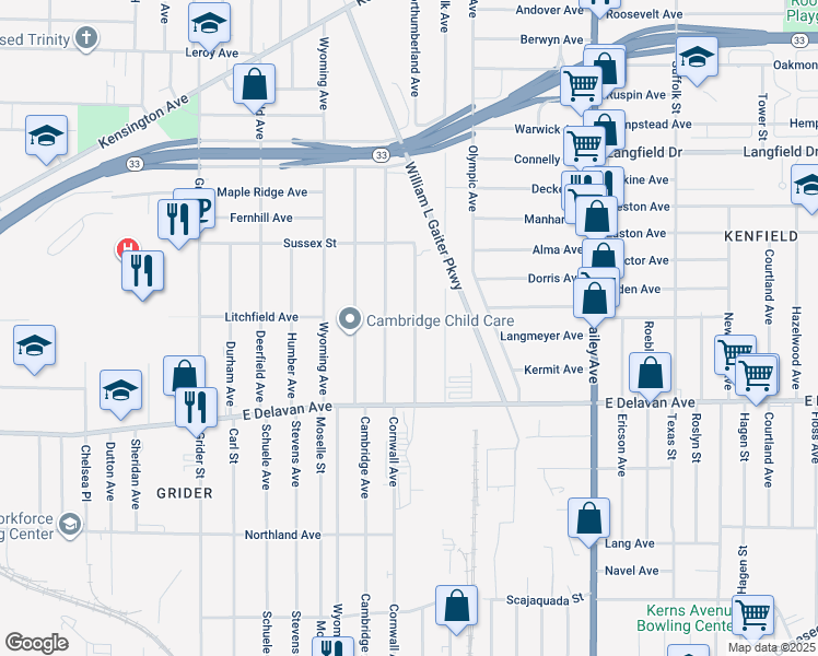 map of restaurants, bars, coffee shops, grocery stores, and more near 372 Northumberland Avenue in Buffalo