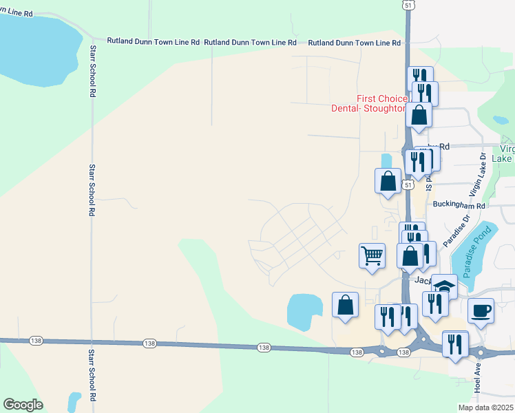 map of restaurants, bars, coffee shops, grocery stores, and more near 1498 Oak Opening Drive in Stoughton