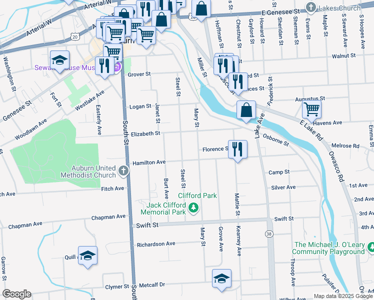 map of restaurants, bars, coffee shops, grocery stores, and more near 27 Mary Street in Auburn