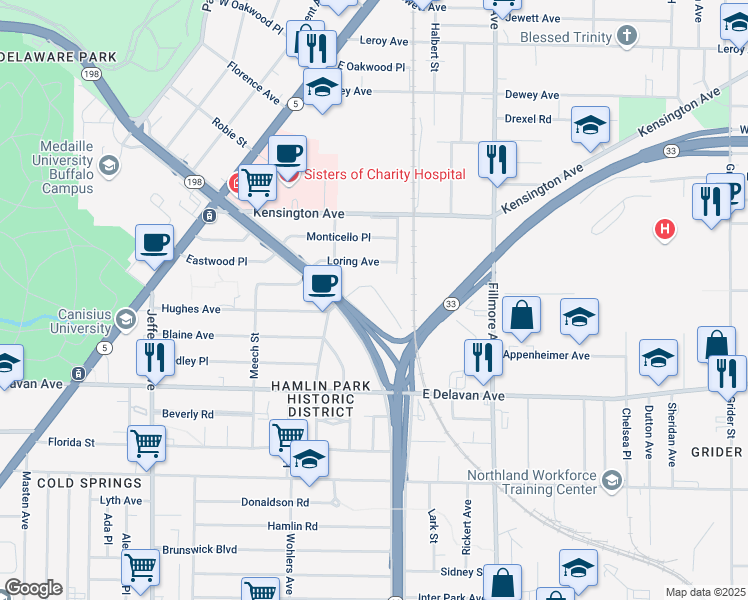 map of restaurants, bars, coffee shops, grocery stores, and more near 152 Oakgrove Avenue in Buffalo