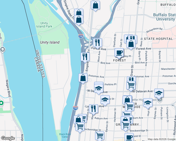 map of restaurants, bars, coffee shops, grocery stores, and more near in Buffalo