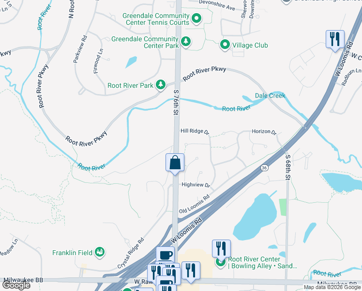 map of restaurants, bars, coffee shops, grocery stores, and more near 6561 Hill Ridge Drive in Greendale