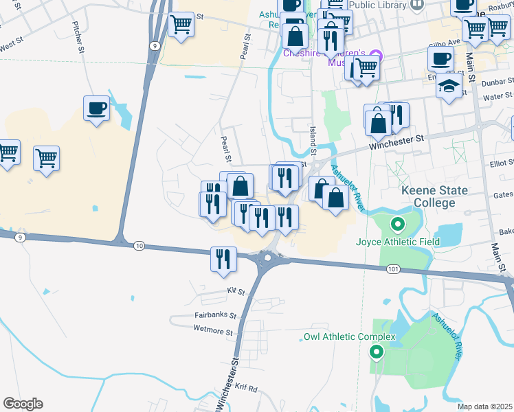 map of restaurants, bars, coffee shops, grocery stores, and more near 23 Key Road in Keene