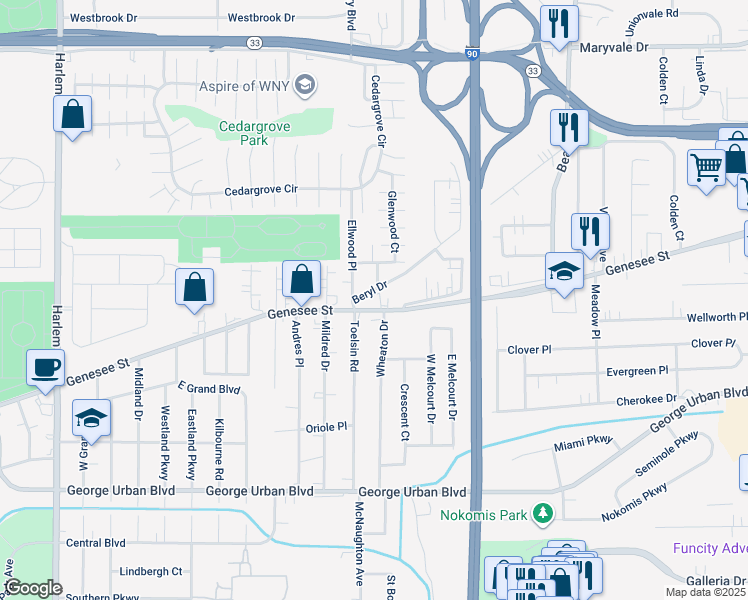 map of restaurants, bars, coffee shops, grocery stores, and more near 3100 Genesee Street in Buffalo