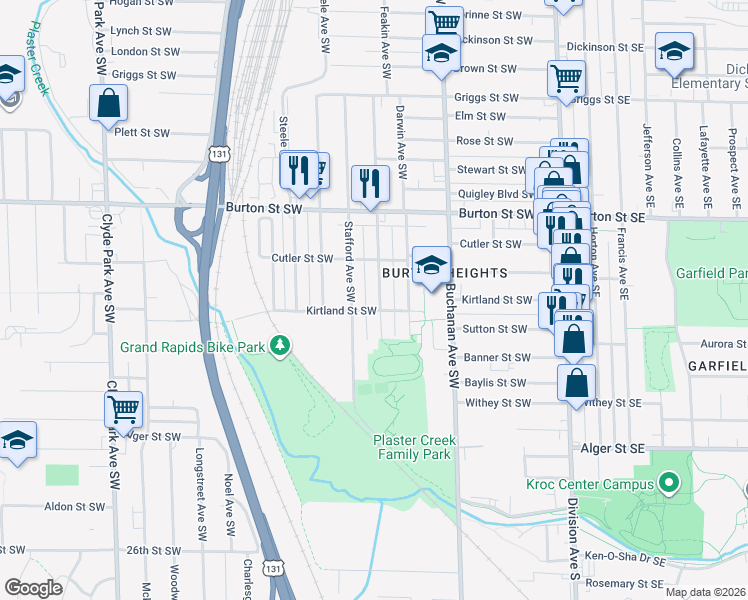 map of restaurants, bars, coffee shops, grocery stores, and more near 2120 Stafford Avenue Southwest in Grand Rapids