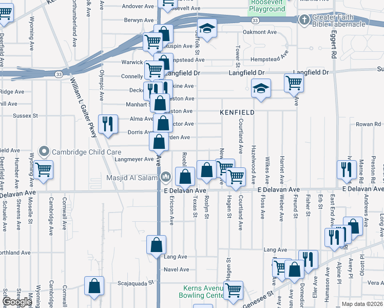 map of restaurants, bars, coffee shops, grocery stores, and more near 54 Gerald Avenue in Buffalo