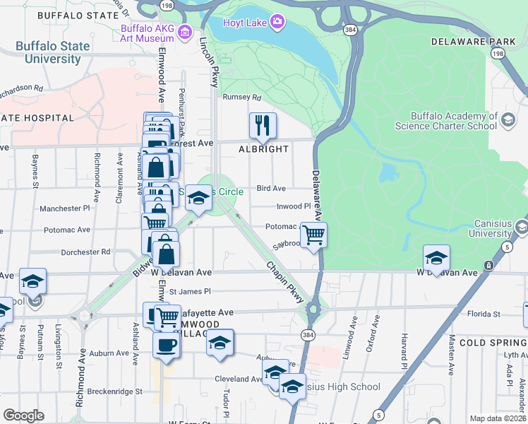 map of restaurants, bars, coffee shops, grocery stores, and more near 43 Windsor Avenue in Buffalo