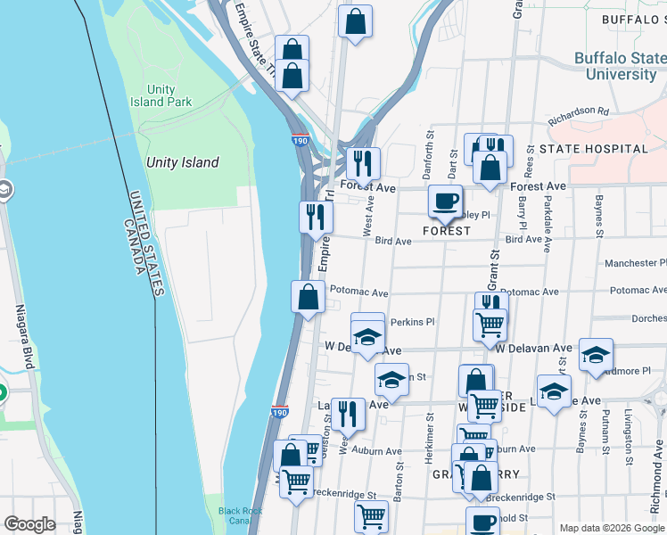 map of restaurants, bars, coffee shops, grocery stores, and more near 53 Bird Avenue in Buffalo